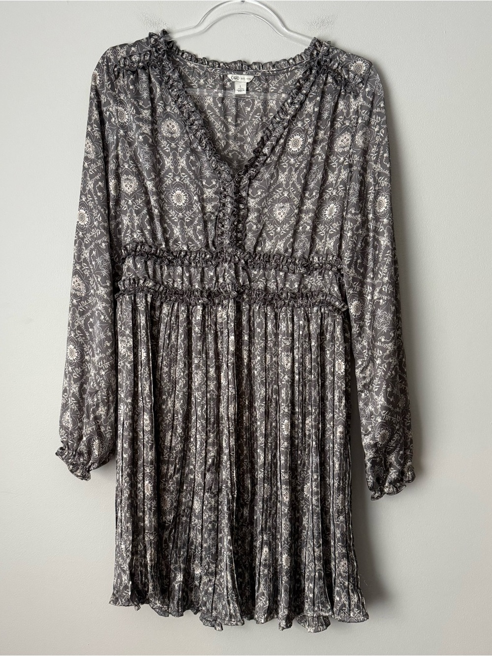 Cato Gray Floral Smocked Waist Long Sleeve Dress